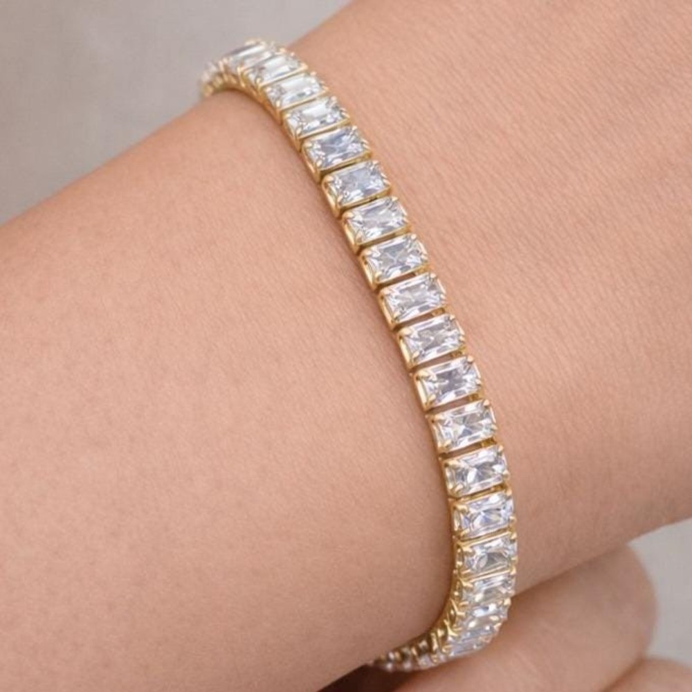 Vintage Swarovski Baguette Crystal Tennis Bracelet Gold Overlay New Old Stock